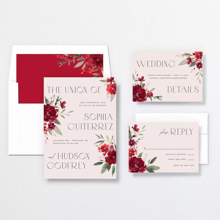 red floral Valentine's Day wedding invitations