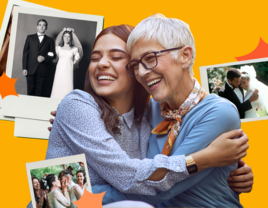 Collage of woman hugging her grandmother surrounded by pictures of different generations celebrating their weddings