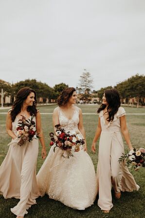 Bride With Bridesmaids in Long Taupe Dresses at BLDG 177 in San Diego, California