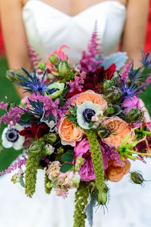 Vibrant Anemone, Amaranthus, Thistle and Garden Rose Bridal Bouqut