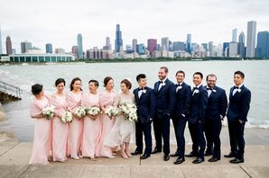 Wedding Party with Pink Bridesmaids Dresses and Navy Tuxedos