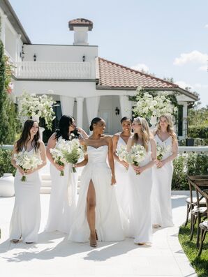 Bride in Sweetheart, A-Line Gown And Low Bun With Bridesmaids in White, Estate Garden