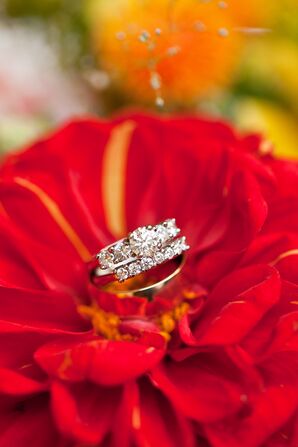 Engagement and Wedding Rings in Red Flower