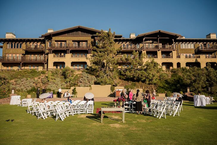 The ceremony took place outside in front of the Lodge at Torrey Pines in San Diego, California, known for its golf course and ocean views. Folding chairs faced the altar where Cassandra and Stephen made their marriage official.