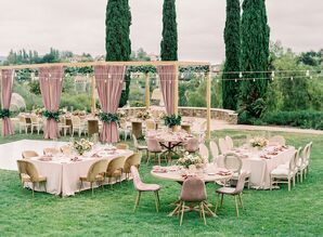 Long and Round Tables, Velvet Chairs, Wooden Cabana and String Lights