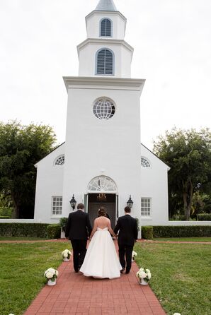 White Hydrangea-Lined Church Ceremony Entrance