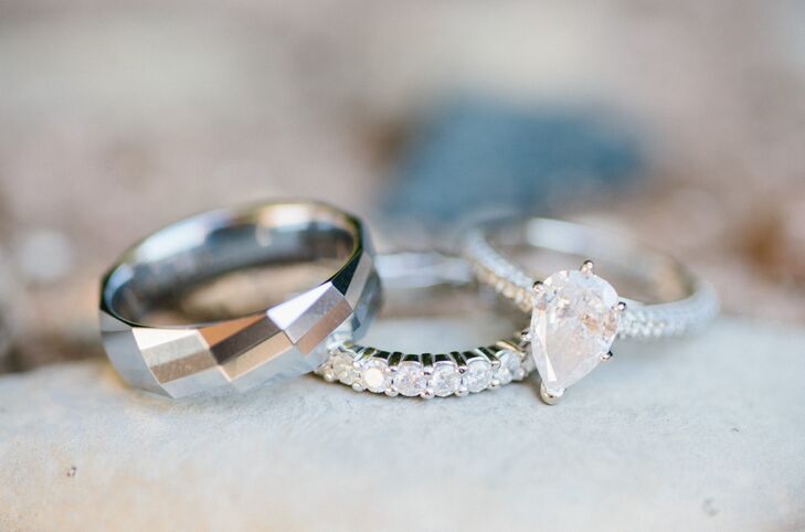 Modern Geometric Wedding Band and Pear-Cut Diamond Engagement Ring