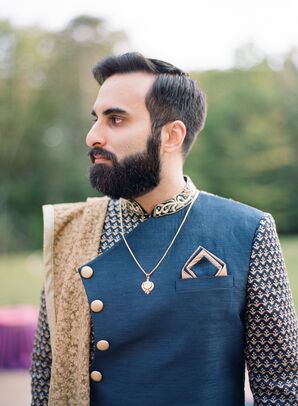 Groom in Blue-and-Gold Sherwani for Sikh Wedding in Fairfax Station, Virginia