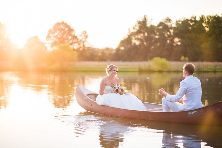 During the reception at Spring Lake in Rockmart, Georgia, the newlyweds sneaked away for a private romantic moment to canoe during the sunset.