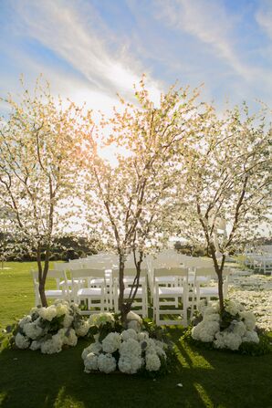 Cherry Blossom and Hydrangea Bush Ceremony Decor