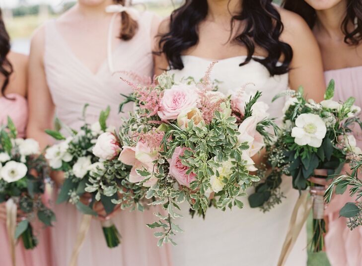 Joyce carried a bouquet of blush cream peonies, blush garden roses, blush amaryllis, pink lavender and variegated boxwood wrapped with a cream ribbon. “I wanted all the flowers to have movement -light and airy in form,” says Joyce.