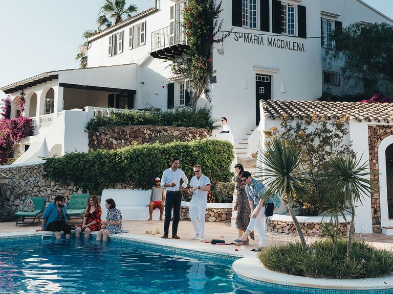 Outdoor engagement pool party at house