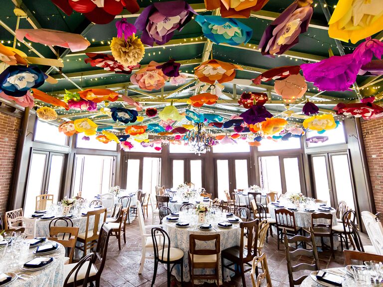 alice in wonderland wedding ideas colorful flowers on ceiling