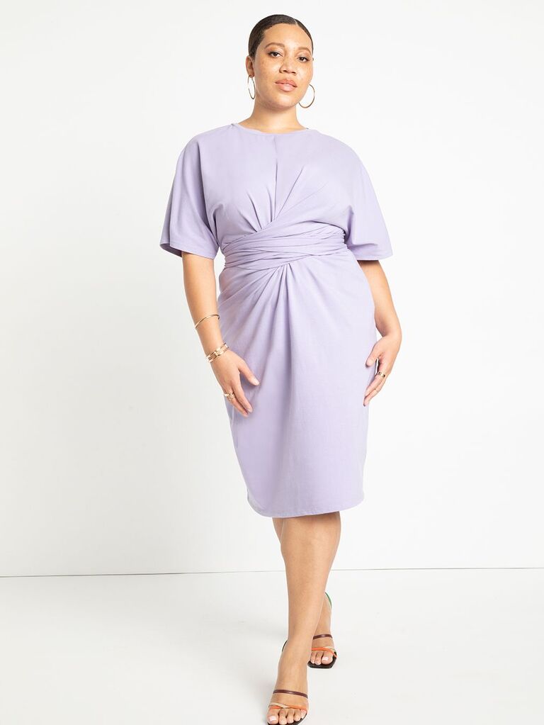 plus-size pastel spring wedding guest dress with short sleeves 