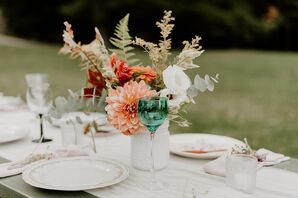 Bohemian Centerpieces with Dahlias, Leaves and Painted Mason Jars