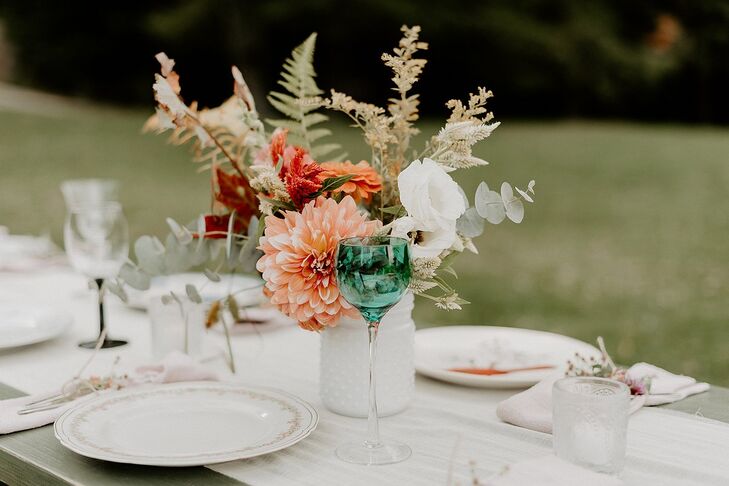 Bohemian Centerpieces with Dahlias, Leaves and Painted Mason Jars
