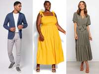 three casual wedding attire outfits for men and women