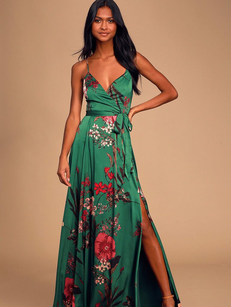 Emerald Green Floral Print Satin Maxi Wedding Guest Dress