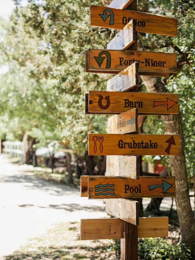 wooden post sign at summer camp venue with arrows pointing in different directions