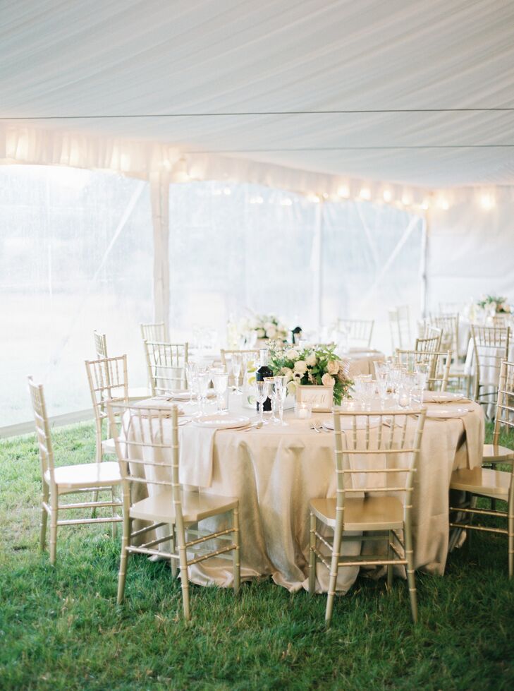 The furniture, linens, flatware, glassware and centerpieces at the reception worked together in harmony to paint a romantic picture.