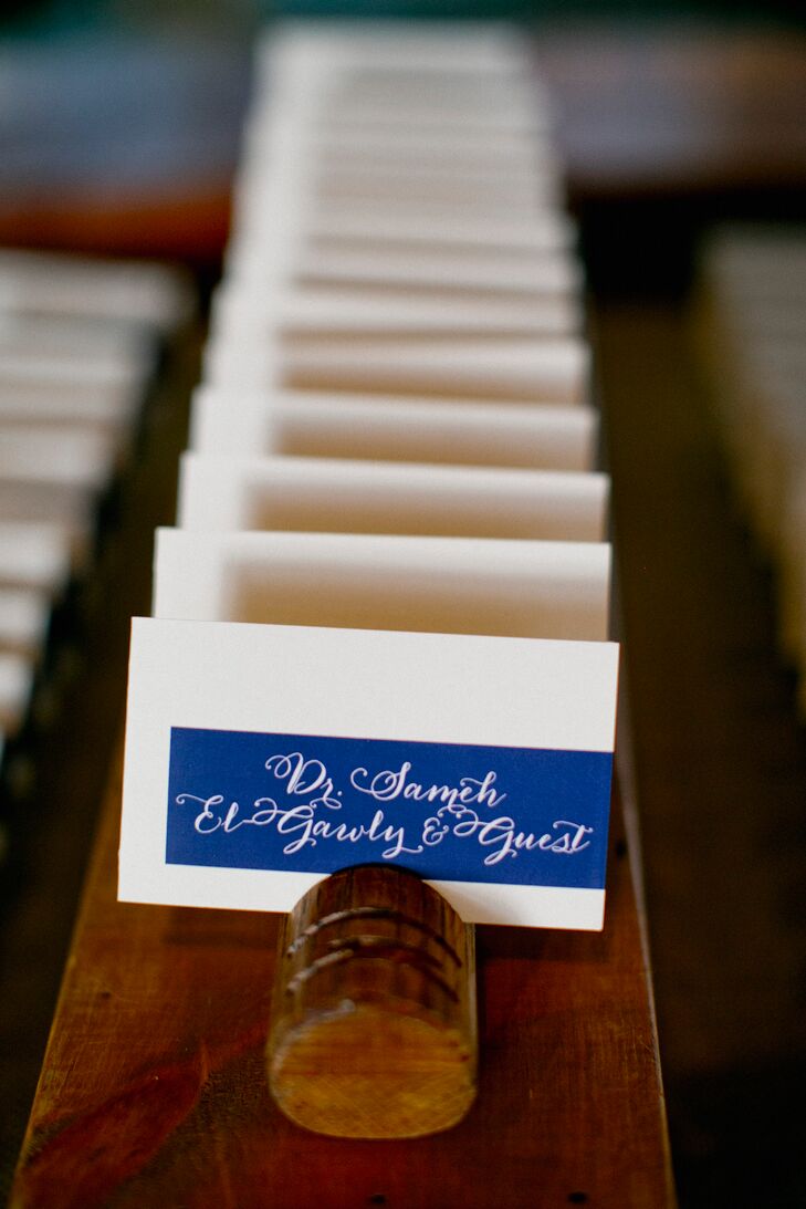 In line with Amanda and Alex’s nautical theme, they created cobalt blue escort cards.