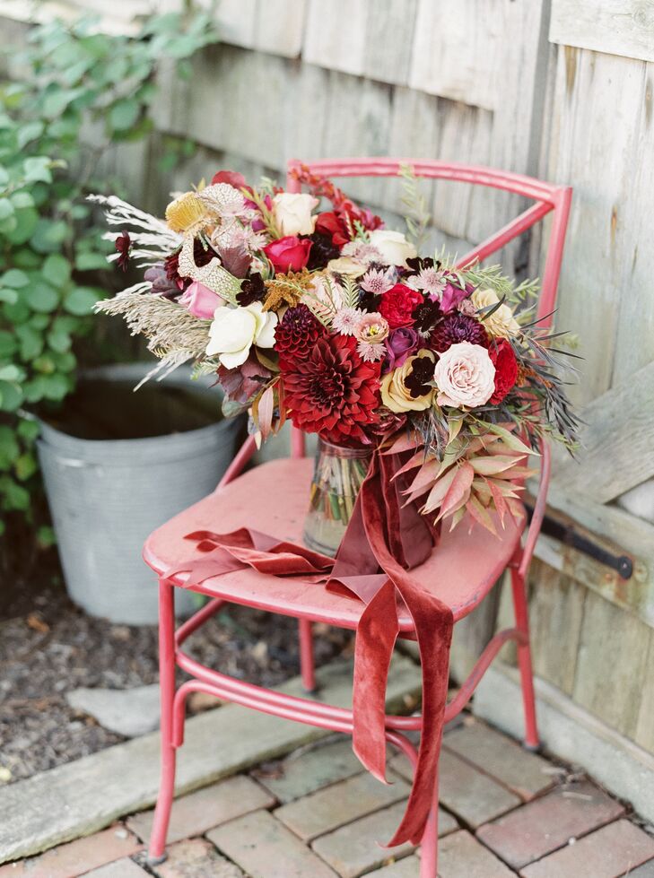 Bohemian Arrangement of Dahlias, Garden Roses, Pampas Grass and Fall Wildflowers