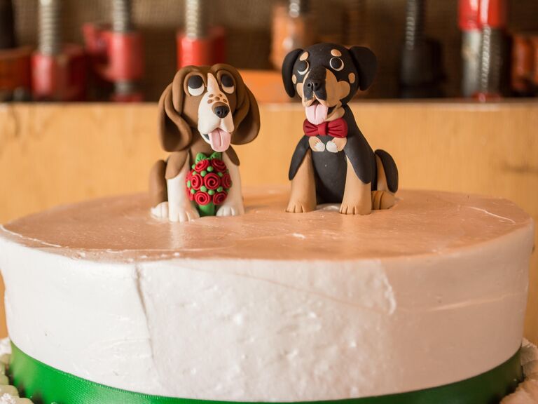 Couple's dogs made of fondant for cake toppers at a wedding. 