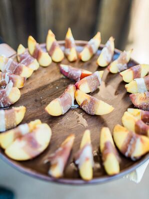 Proscuitto-Wrapped Apple Passed Appetizers on Wood Platter