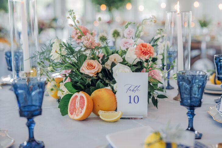 Low Floral Centerpiece With Real Citrus at Amalfi-Coast-Inspired Reception