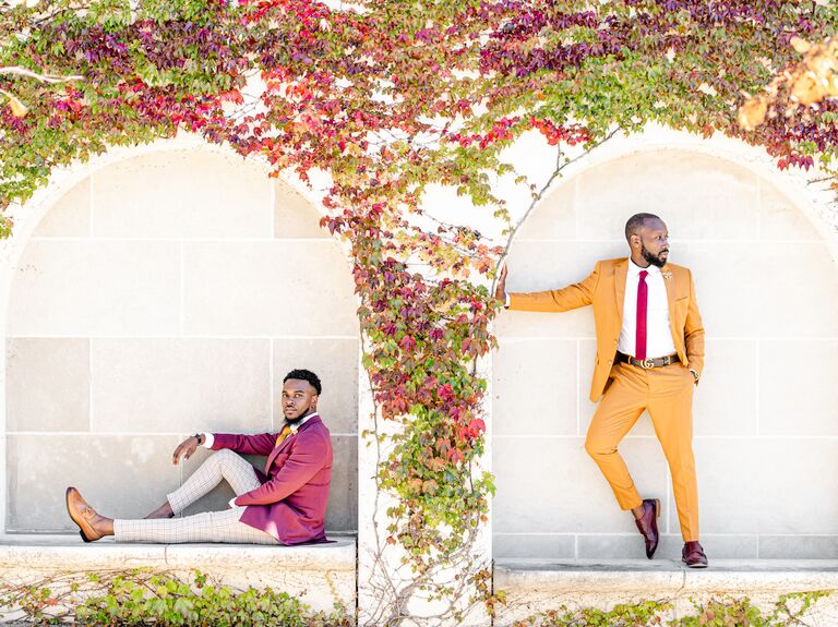 Two grooms pose among crawling autumnal vines for this stunning engagement photo