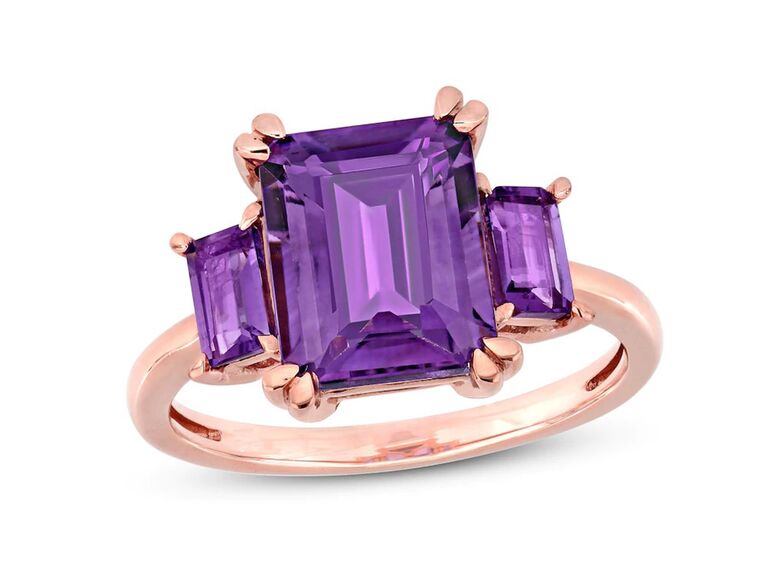 jared amethyst engagement ring with emerald cut amethyst center stone with emerald cut amethyst side stones claw prongs and plain rose gold band