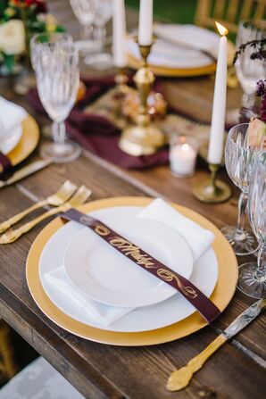Gold Calligraphed Leather Strip Escort Card