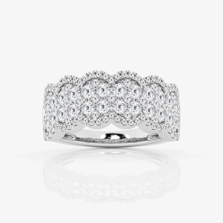layers of diamonds on white gold band in floral pattern