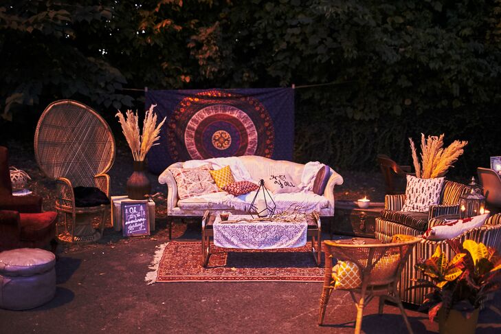 The couple created a cocktail lounge using furniture from their home, which added a cozy personal touch to their celebration.