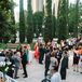 Guests enjoyed cocktails among the tall, narrow pine trees and lightposts of Cafe Pinot in Los Angeles.