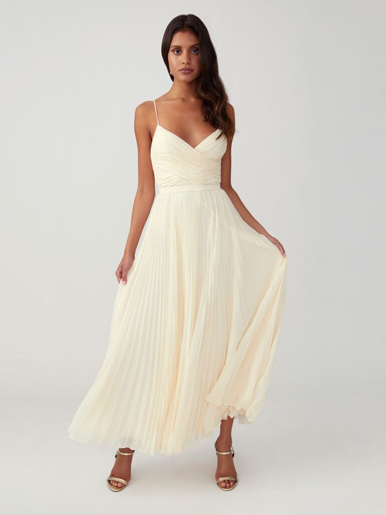 fame and partners pale yellow garden wedding bridesmaid dress with pleats