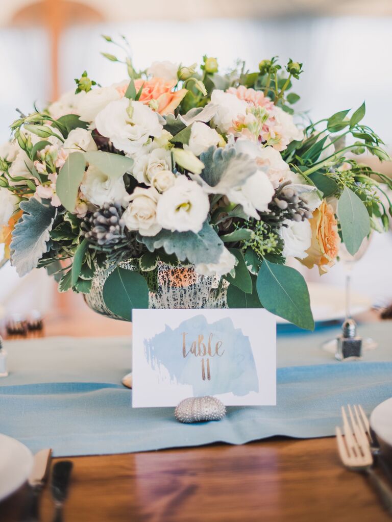 Watercolor wedding table number with seashell holder