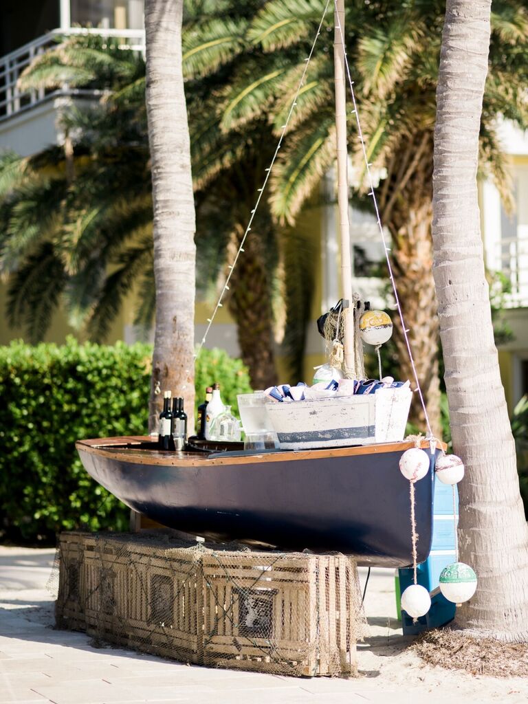 Outdoor boat bar space for an outdoor beach reception area
