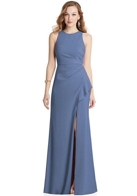 Dessy Group Halter Maxi Dress with Cascade Ruffle Slit - 3081 Halter Bridesmaid Dress - 1