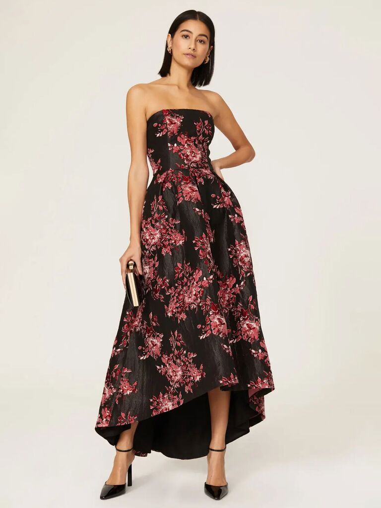 Hutch black and red strapless gown for black-tie wedding attire