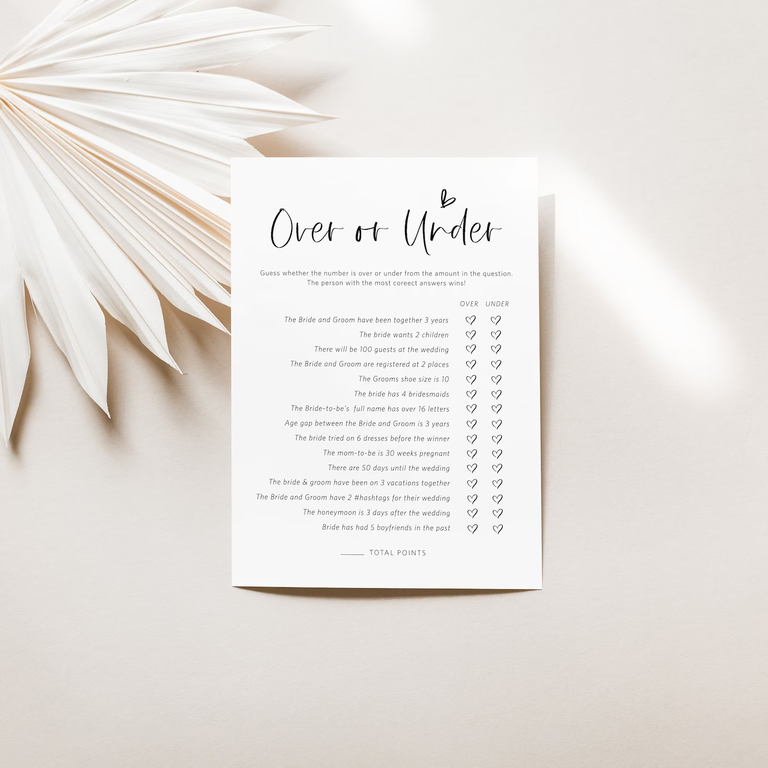 Willow Lane Paperie Over or Under Game for the best engagement party activities