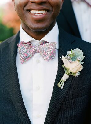Patterned Bow-Tie and Elegant Boutonniere at Charlottesville, Virginia, Wedding
