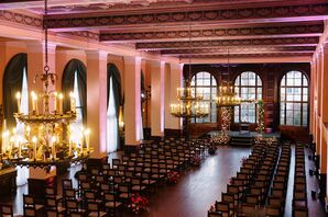 Minimalistic Ceremony Space in Historic Los Angeles Venue, Chandeliers, Ornate Ceilings and Chuppah