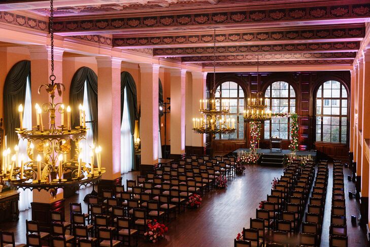 Minimalistic Ceremony Space in Historic Los Angeles Venue, Chandeliers, Ornate Ceilings and Chuppah