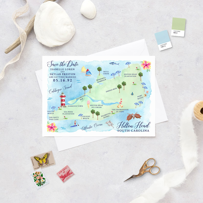 A stunning illustrated coastal save-the-date card