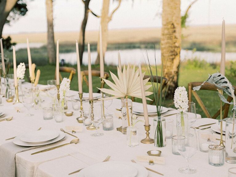 Dried floral centerpieces at a backyard wedding