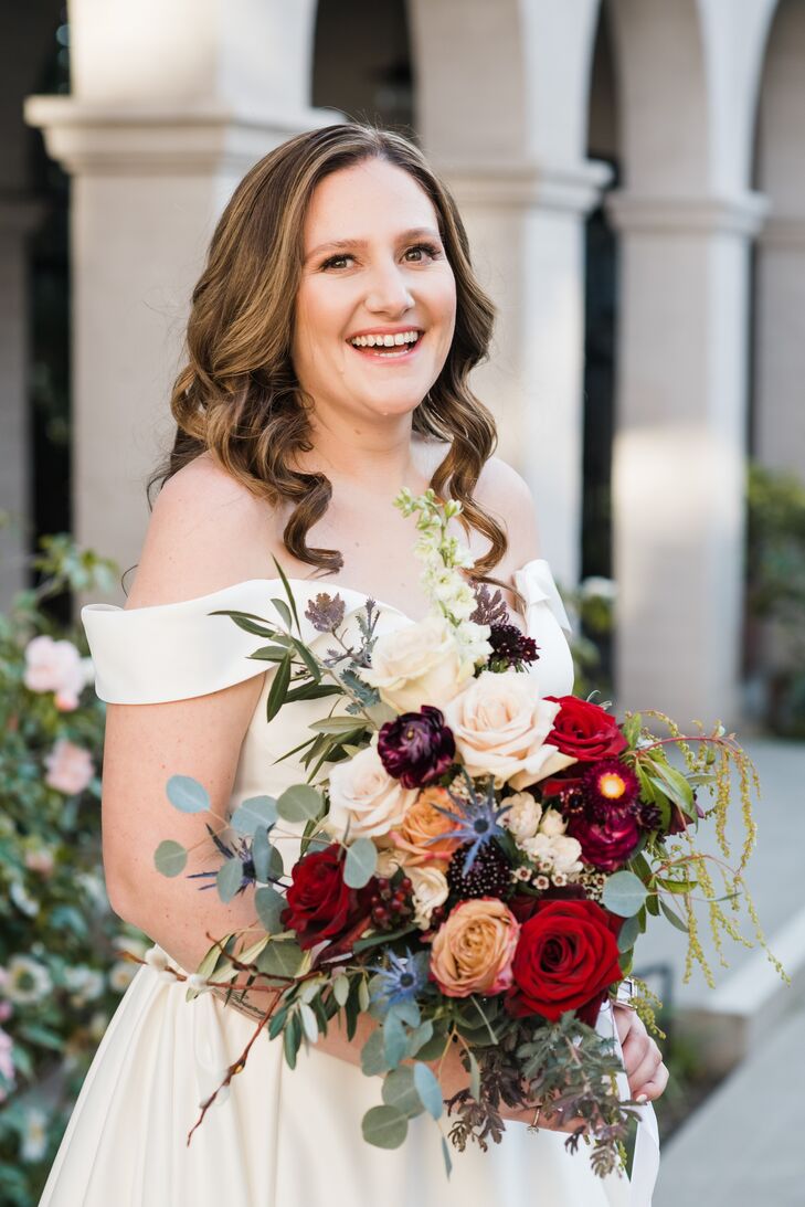 Bride With Loose Curls and Off-the-Shoulder Wedding Dress