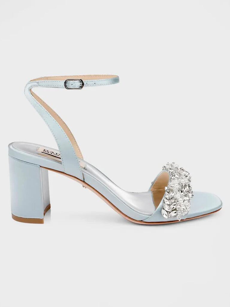 Blue satin sandal with an embellished accents.