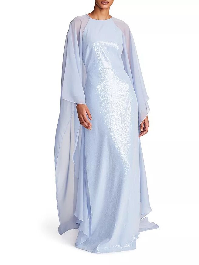 A shimmery maxi gown with a floor length cape from Bloomingdale's 
