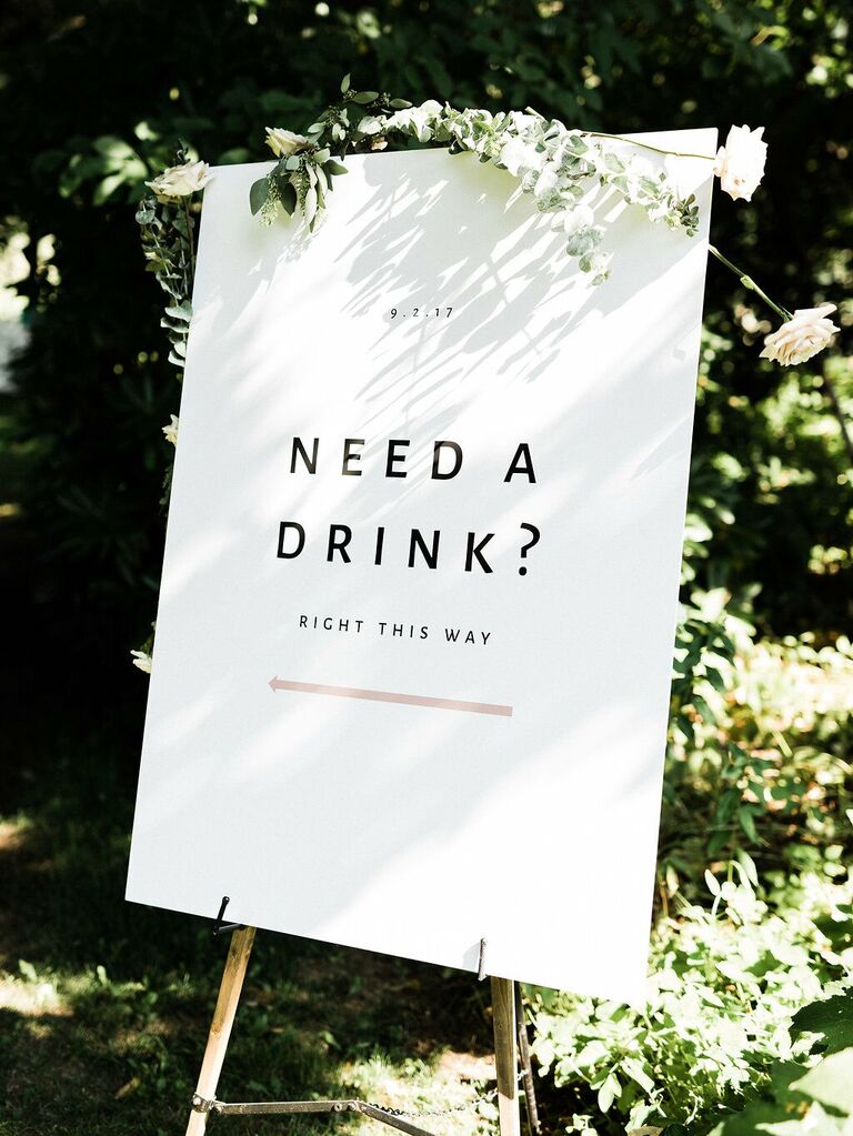 minimalist wedding sign with modern font that says need a drink? against white background